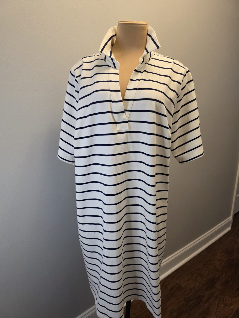 Lands End White/Navy Striped Polo Plus Size Midi Dress